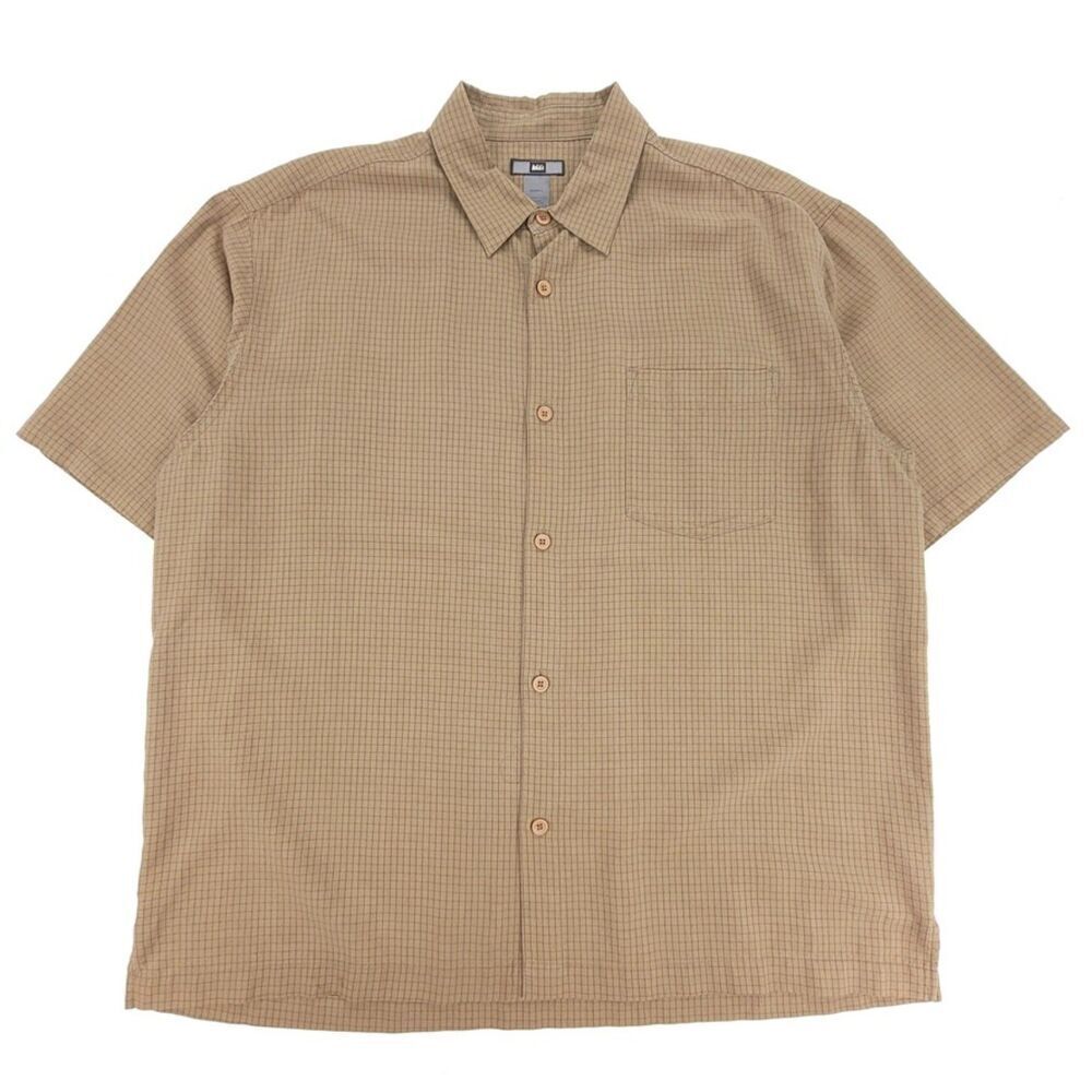 REI Short Sleeve Button Down Camp Shirt Brown‎ Windowpane Mens Large Gorpcore